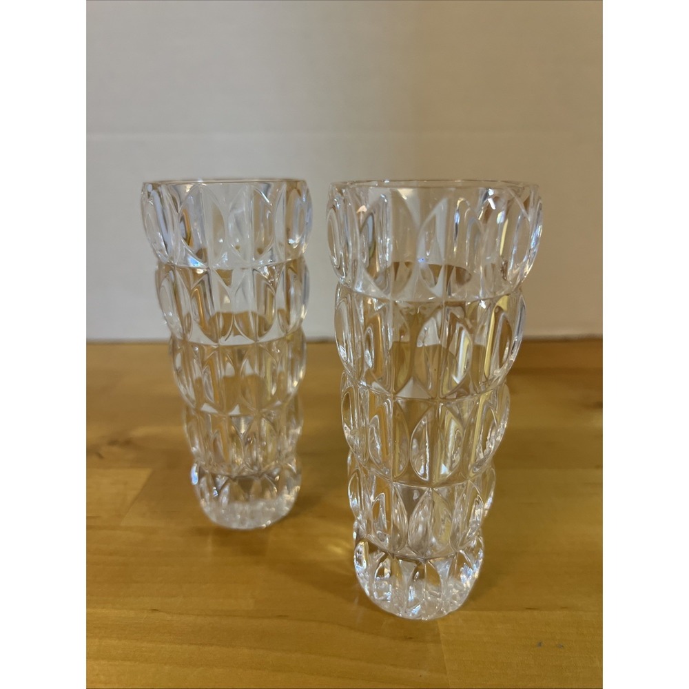 2 Fostoria Heavy Lead Crystal Bud Vases In 3D Oval Bands, 4.75" Tall